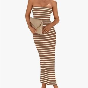 Striped Brown and White Strapless Bodycon Maxi Dress